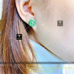 Khuyên tai đồng điếu ngọc Cẩm thạch xanh lý táo, vàng 18k
