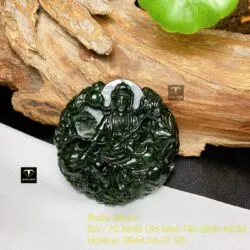 Phật Quan Âm ngọc cẩm thạch sơn thuỷ xanh đen, KT 50mm