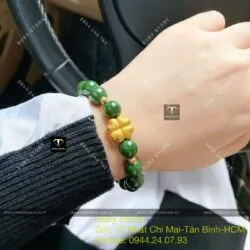 Vòng chuỗi Ngọc bích xanh lý đậm, mix charm vàng 24k - Ảnh 2
