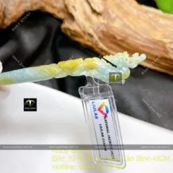 Trâm cài tóc ngọc Cẩm thạch lam dầu huyết chạm Rồng, dài 14cm