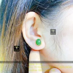 Khuyên tai Oval Ngọc bích, chấu bao, vàng 18k