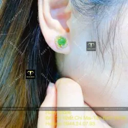 Khuyên tai Ngọc bích tròn 2 đường tấm xoắn, vàng 18k