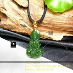 Phật Quan Thế Âm ngọc bích Canada xanh lý đậm, móc vàng hoa mai 18k - Ảnh 5