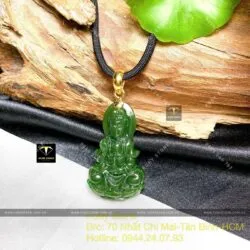 Phật Quan Thế Âm ngọc bích Canada xanh lý đậm, móc vàng hoa mai 18k - Ảnh 3