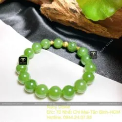Vòng Ngọc bích Canada xanh lá 10 ly, bi vàng 18k
