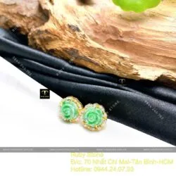 Khuyên tai hoa mẫu đơn ngọc Cẩm Thạch xanh lý táo, vàng 18k - Hình ảnh 2