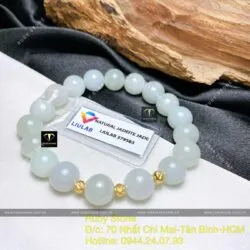 Vòng chuỗi ngọc cẩm thạch phớt xanh 9,5 ly mix bi vàng 18k