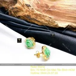 Khuyên tai hoa mẫu đơn ngọc Cẩm Thạch xanh lý táo, vàng 18k - Hình ảnh 6