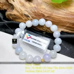 Vòng ngọc cẩm thạch phớt tím lam 9,5 ly mix bi vàng 18k
