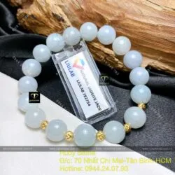 Vòng chuỗi ngọc cẩm thạch phớt xanh 9,5 ly mix bi vàng 18k