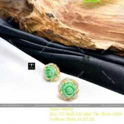 Khuyên tai hoa mẫu đơn ngọc Cẩm Thạch xanh lý táo, vàng 18k - Hình ảnh 5
