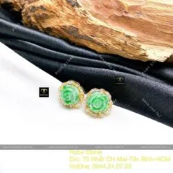Khuyên tai hoa mẫu đơn ngọc Cẩm Thạch xanh lý táo, vàng 18k - Hình ảnh 3