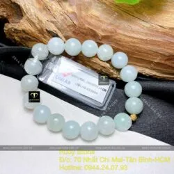 Vòng chuỗi ngọc cẩm thạch xanh lơ 9,5 ly mix bi vàng 18k