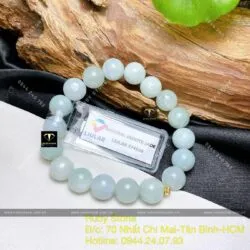 Vòng chuỗi ngọc cẩm thạch xanh lơ 9,5 ly mix bi vàng 18k