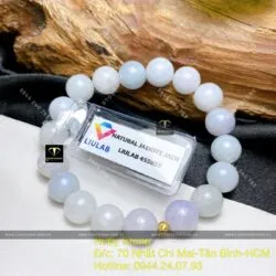 Vòng ngọc cẩm thạch phớt tím lam 9,5 ly mix bi vàng 18k