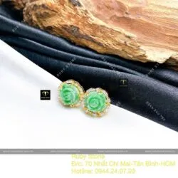 Khuyên tai hoa mẫu đơn ngọc Cẩm Thạch xanh lý táo, vàng 18k - Hình ảnh 4