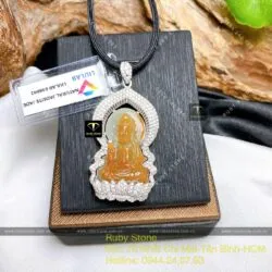 Phật Quan Âm ngọc Cẩm thạch huyết, vàng 18k