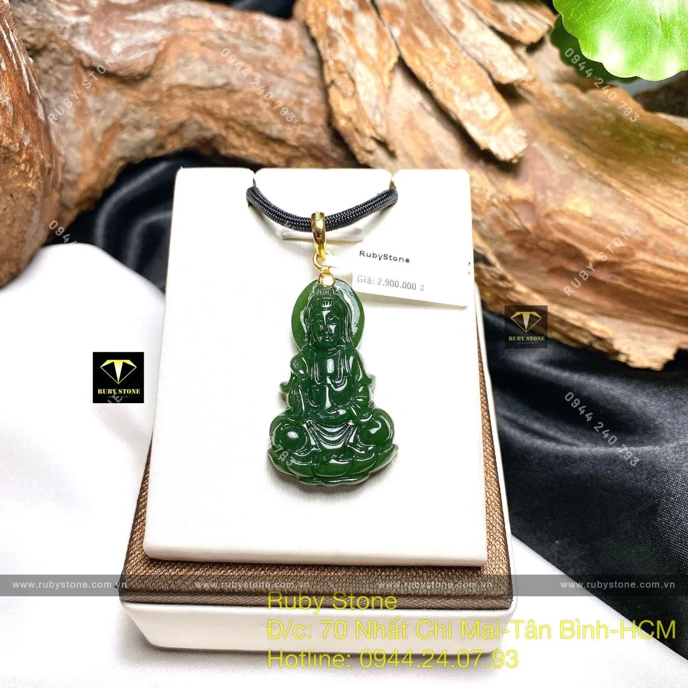 Phật Quan Âm Bồ Tát Ngọc Bích Canada, móc vàng trơn 18k Phật Quan Âm Bồ Tát Ngọc Bích Canada, móc vàng trơn 18k