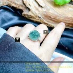 Nhẫn hoa mẫu đơn ngọc Cẩm thạch lam dầu, bạc 925 - Hình ảnh 3