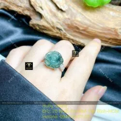 Nhẫn hoa mẫu đơn ngọc Cẩm thạch lam dầu, bạc 925 - Hình ảnh 4
