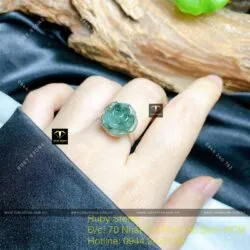 Nhẫn hoa mẫu đơn ngọc Cẩm thạch lam dầu, bạc 925 - Hình ảnh 7
