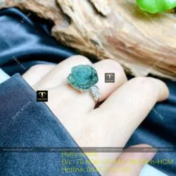 Nhẫn hoa mẫu đơn ngọc Cẩm thạch lam dầu, bạc 925