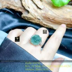 Nhẫn hoa mẫu đơn ngọc Cẩm thạch lam dầu, bạc 925 - Hình ảnh 5