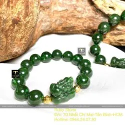 Vòng Ngọc Bích Canada 12 ly mix Tỳ hưu, bi vàng 18k - Hình ảnh 6