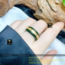 Nhẫn Ngọc Bích Canada rãnh hoa văn, vàng 18k
