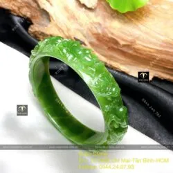 Vòng tay Ngọc Bích Canada xanh lá chạm nổi hoa sen, ni tay 53mm - Ảnh 8