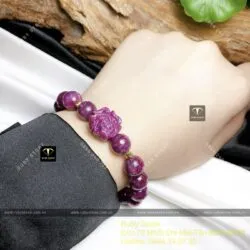 Vòng tay Ruby Nam Phi mix hoa mẫu đơn, bi vàng 18k