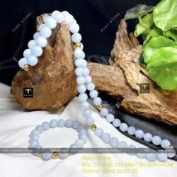 Bộ sản phẩm vòng cổ và vòng chuỗi Lam Ngọc Myanmar 9,4 ly, bi vàng 18k - Hình ảnh 2