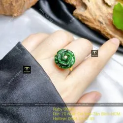 Nhẫn hoa mẫu đơn Ngọc cẩm thạch sơn thuỷ, vàng 18k - Hình ảnh 7