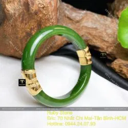 Vòng tay Ngọc bích Canada xanh lá, khóa hộp vàng 18k