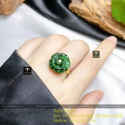 Nhẫn hoa mẫu đơn Ngọc cẩm thạch sơn thuỷ, vàng 18k
