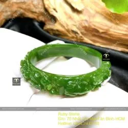 Vòng tay Ngọc Bích Canada xanh lá chạm nổi hoa sen, ni tay 53mm - Ảnh 11