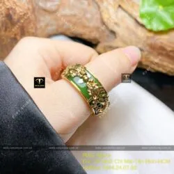 Nhẫn Ngọc bích 8 ly bọc Song Long, vàng 18k - Ảnh 2