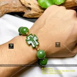 Vòng Mân Côi Ngọc bích Canada 14 ly mix bi vàng 18k