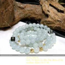 Vòng cổ ngọc Cẩm thạch xanh lơ 9,6 ly mix bi vàng 18k - Hình ảnh 6