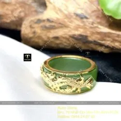 Nhẫn Ngọc bích 8 ly bọc Song Long, vàng 18k - Ảnh 7