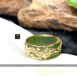 Nhẫn Ngọc bích 8 ly bọc Song Long, vàng 18k - Ảnh 5