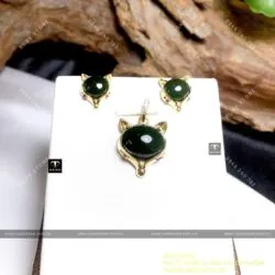 Khuyên tai và mặt dây chuyền hồ ly Ngọc bích, vàng 18k