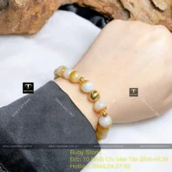 Chuỗi ngọc Cẩm thạch huyết Uyên Ương 9 ly mix bi vàng 18k - Hình ảnh 5