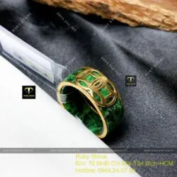Nhẫn ngọc Cẩm thạch sơn thủy bọc kim tiền, vàng 18k (mẫu bọc ít vàng) - Hình ảnh 3