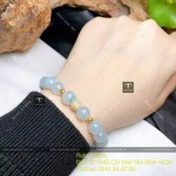 Vòng ngọc Cẩm thạch lam nếp băng 8 ly, mix bi vàng 18k