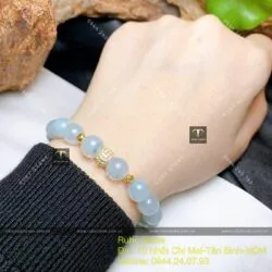 Vòng ngọc Cẩm thạch lam nếp băng 8 ly, mix bi vàng 18k - Hình ảnh 3