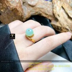 Nhẫn trái châu 10 ly ngọc Cẩm thạch lý táo, vàng 18k