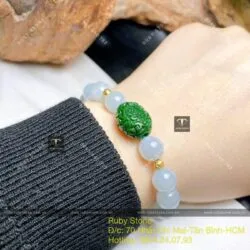 Vòng ngọc Cẩm thạch lam nếp băng 8 ly, mix lu thống Phỉ thúy, bi vàng 18k