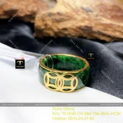 Nhẫn ngọc Cẩm thạch sơn thủy bọc kim tiền, vàng 18k (mẫu bọc ít vàng) - Hình ảnh 2