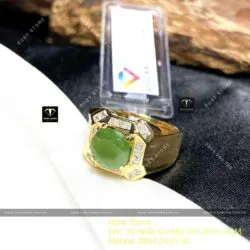 Nhẫn nam Ngọc bích ổ hạt tròn mài giác, vàng 18k - Hình ảnh 6